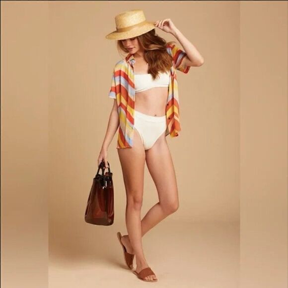 Solid and Striped Blue Orange and Cream Retro Wave 70's Style Button Down Shirt - Picture 4 of 14